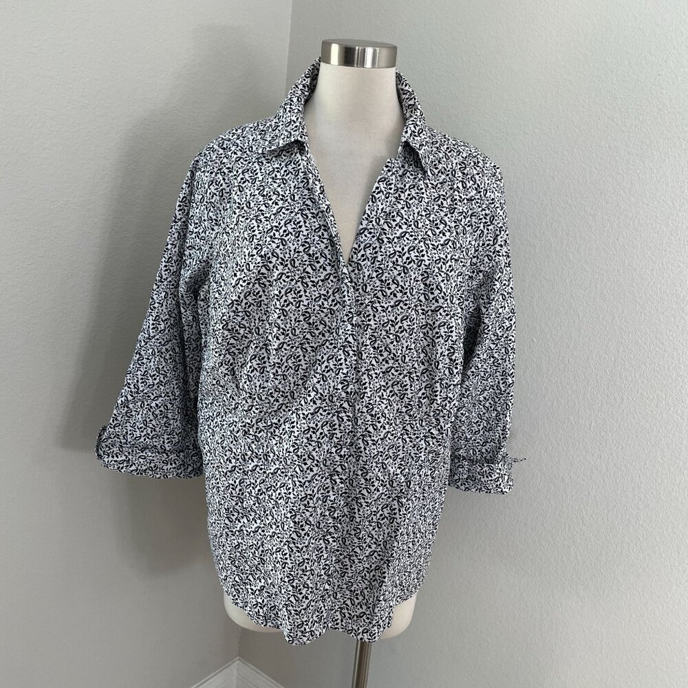 Croft‎ & Barrow Womens Plus 2X Black White Floral Button Up Shirt 3/4 Sleeve Top